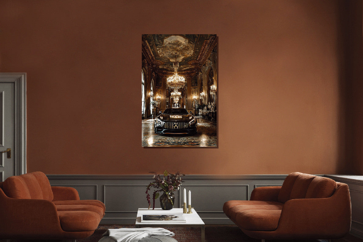 Glasbild «Schwarzes Auto in der Halle» 80 × 120 cm – Ansicht 2