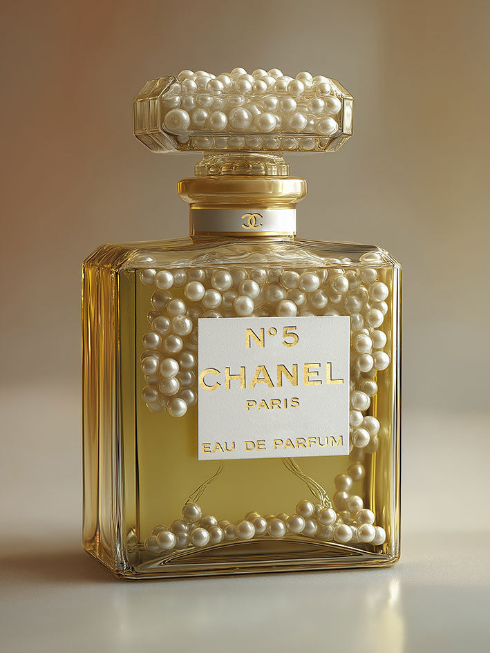 Glasbild «Goldenes Parfum mit Perlen» 60 × 80 cm – Goldfolie