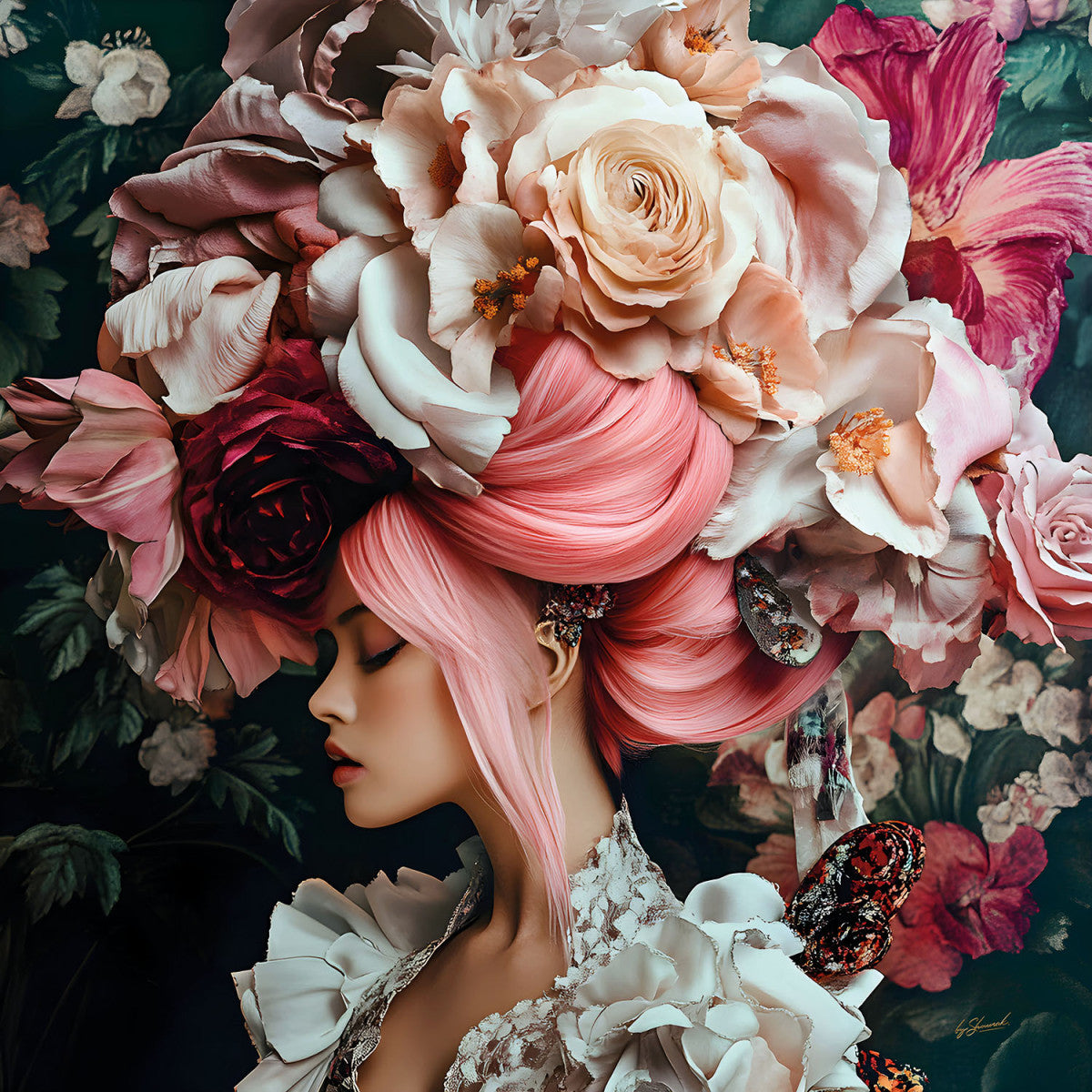 Glasschilderij 80x80cm Vrouw met bloemen links