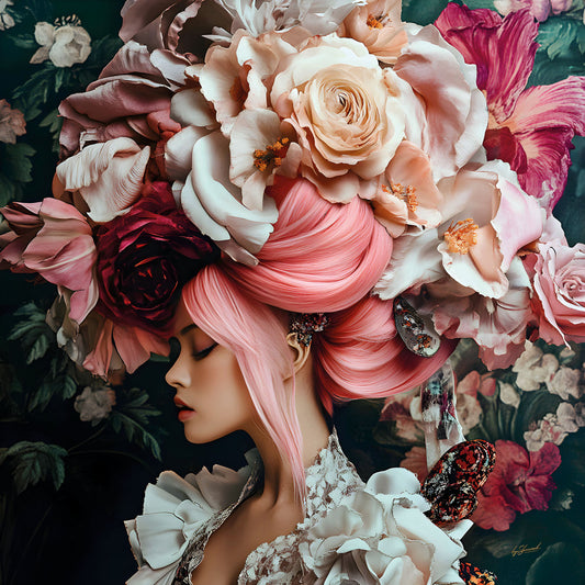 Glasschilderij 80x80cm Vrouw met bloemen links