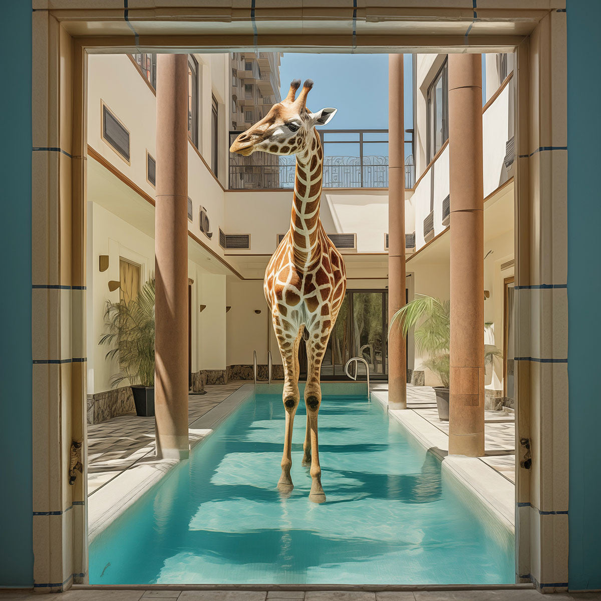 Glasbild 80x80cm Giraffe im Pool