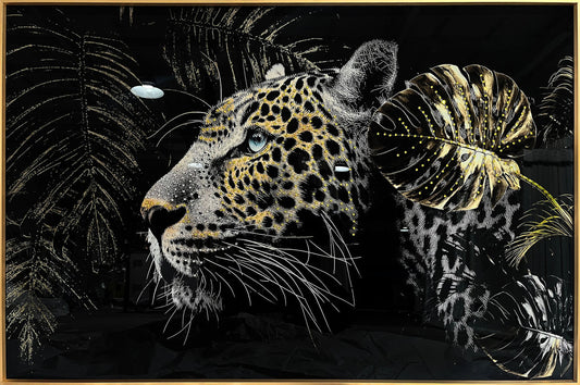 Glasschilderij met kristallen en lijst 120x80cm Panter