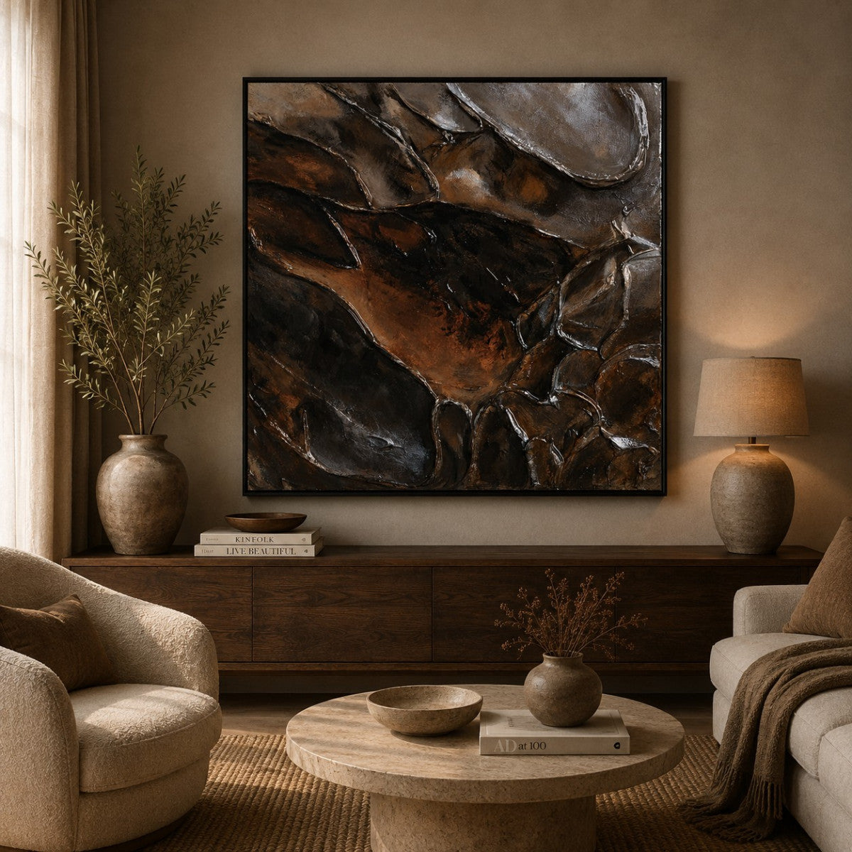 Ölgemälde «Hochglanz Schwarz» 100 × 100 cm mit Rahmen