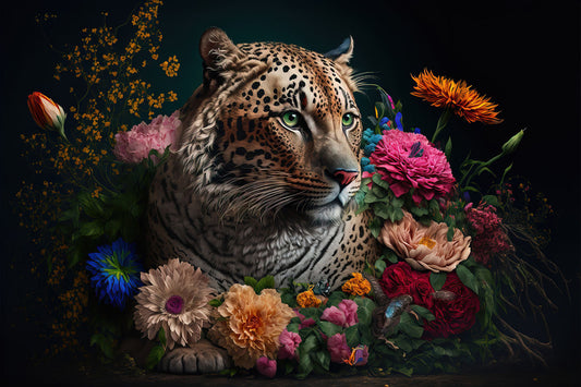 Glasbild mit 3D-Relief 120x80cm Panther mit Blumen