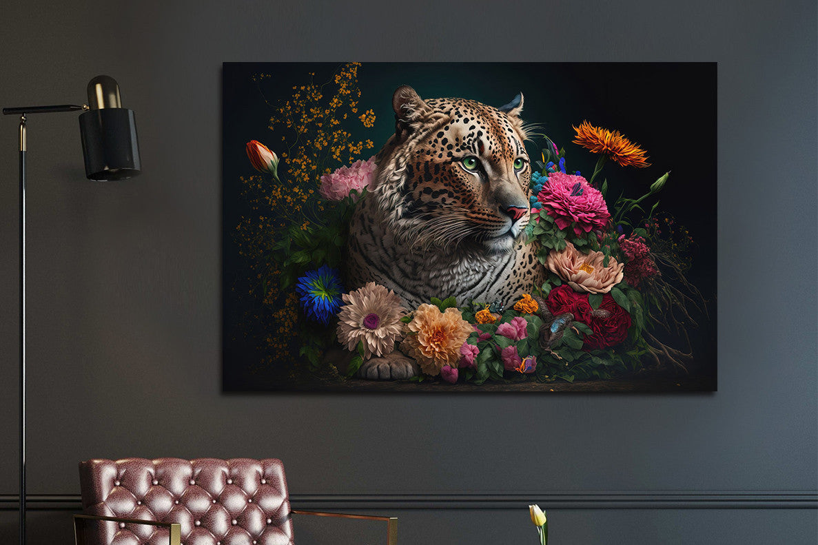 Glasbild «Panther mit Blumen» 120 × 80 cm – 3D-Relief – Ansicht 2