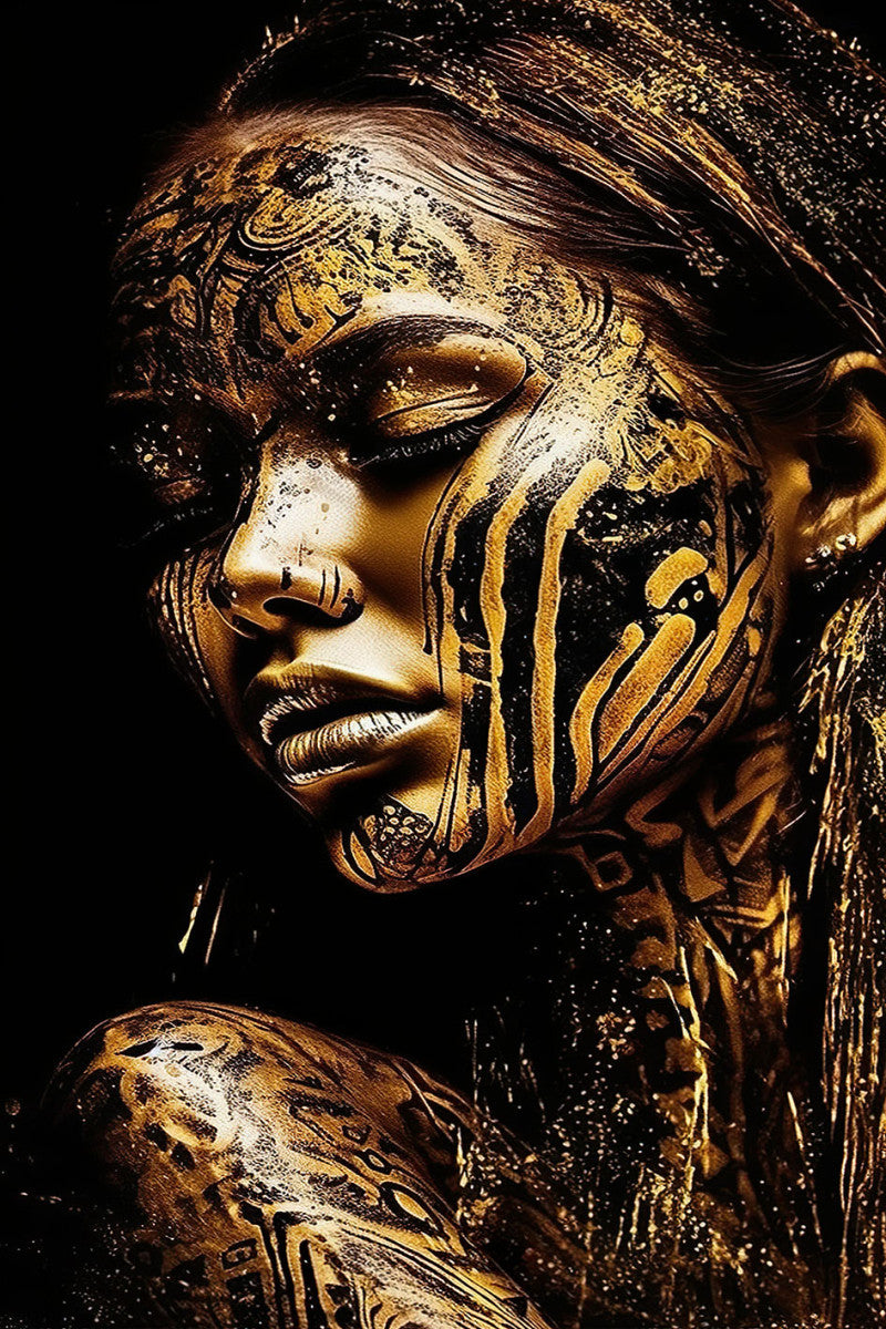 Glasschilderij met 3D reliÃ«f 80x120cm Vrouw met goud/zwart gezicht