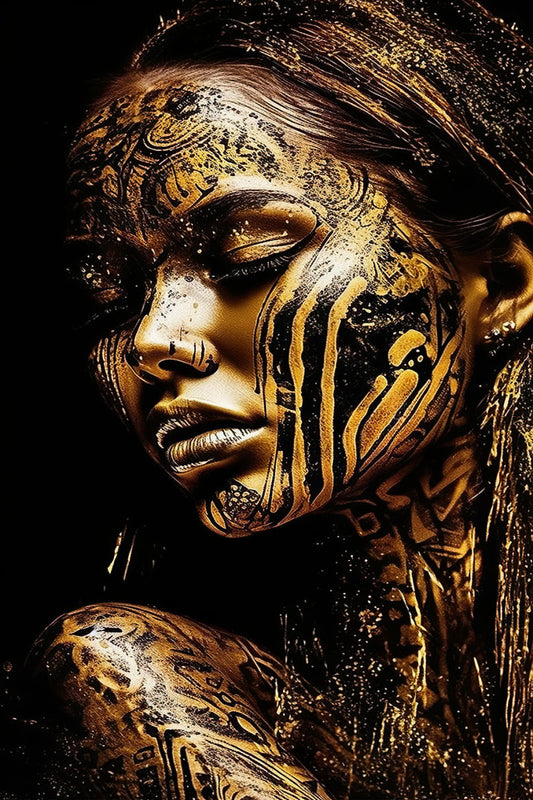 Glasschilderij met 3D reliÃ«f 80x120cm Vrouw met goud/zwart gezicht