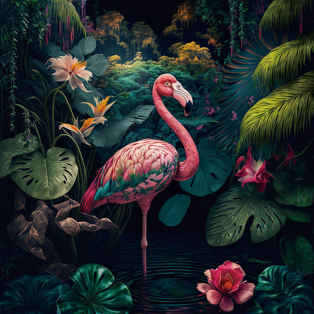 Glasbild 80x80cm Flamingo rechts