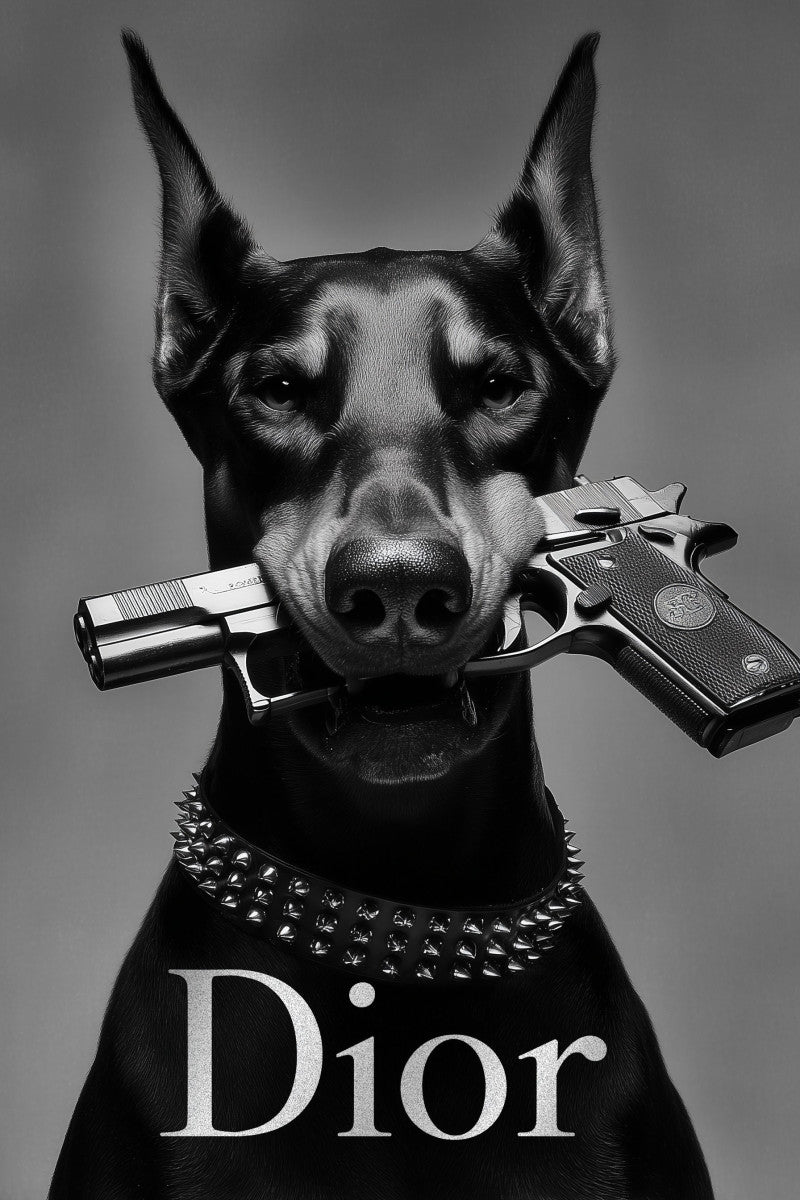 Glasbild «Hund mit Gewehr» 80 × 120 cm