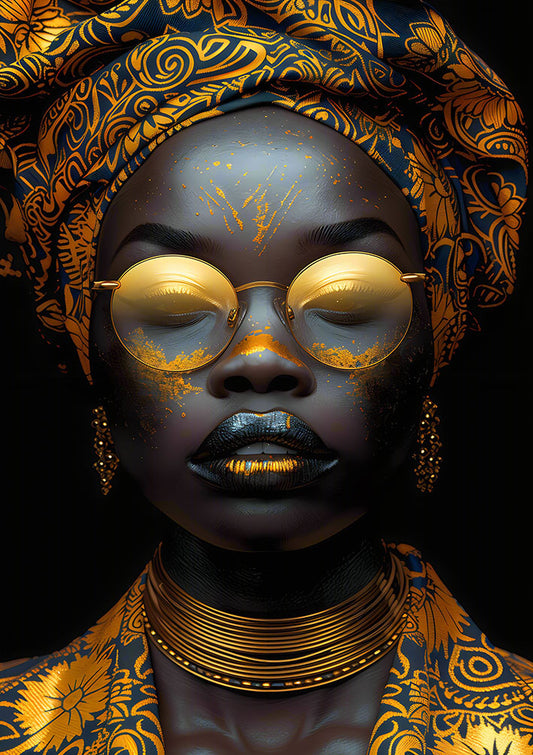 Glasbild «Frau mit goldener Brille und Kleidung» 80 × 120 cm