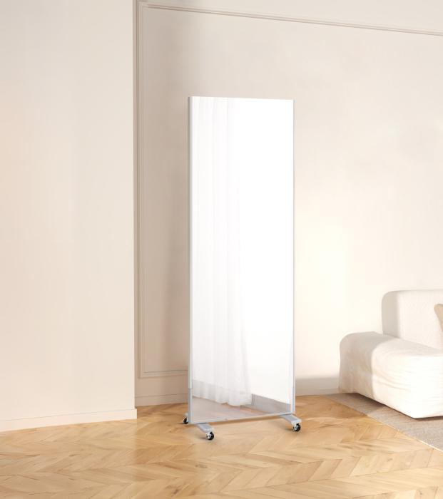 Spiegel ohne Glas 100 × 180 cm, Rahmen Silber – auf Lenkrollen (Art. AH1100180W)