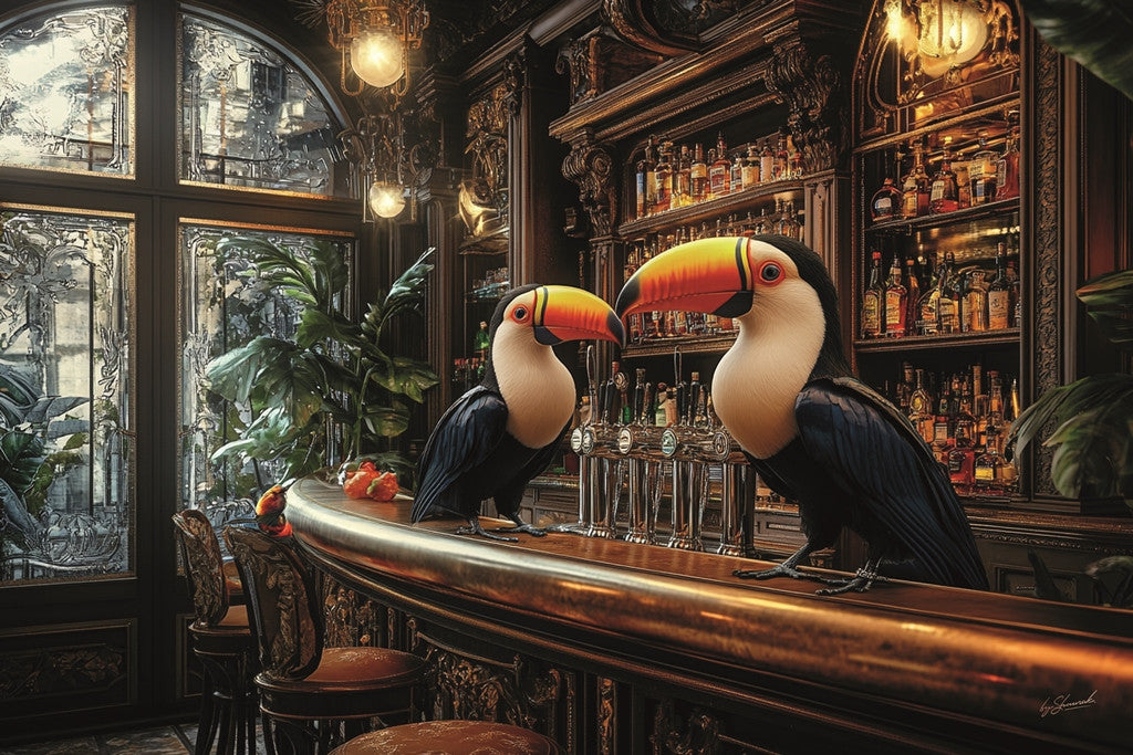 Glasbild «Tukane an der Bar» 120 × 80 cm