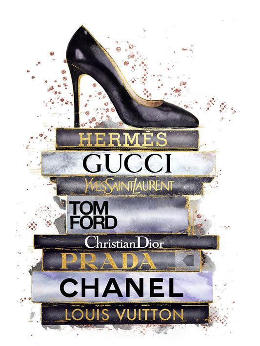 Glasschilderij met goudfolie 60x80cm Zwarte hak op zwart/witte boeken