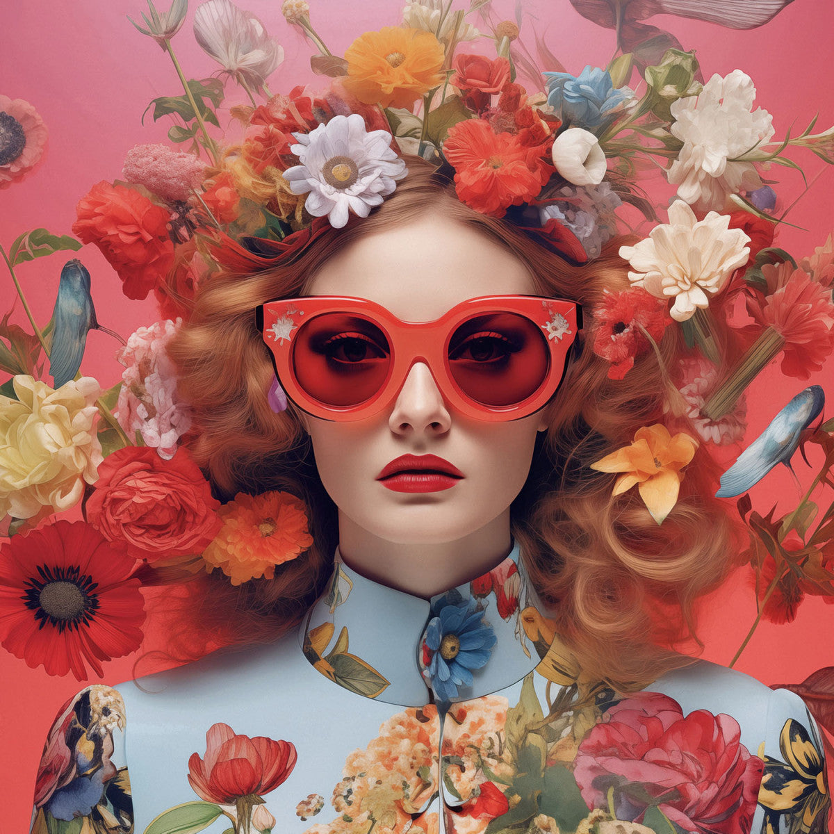 Glasschilderij 80x80cm Vrouw in het blauw met bloemen