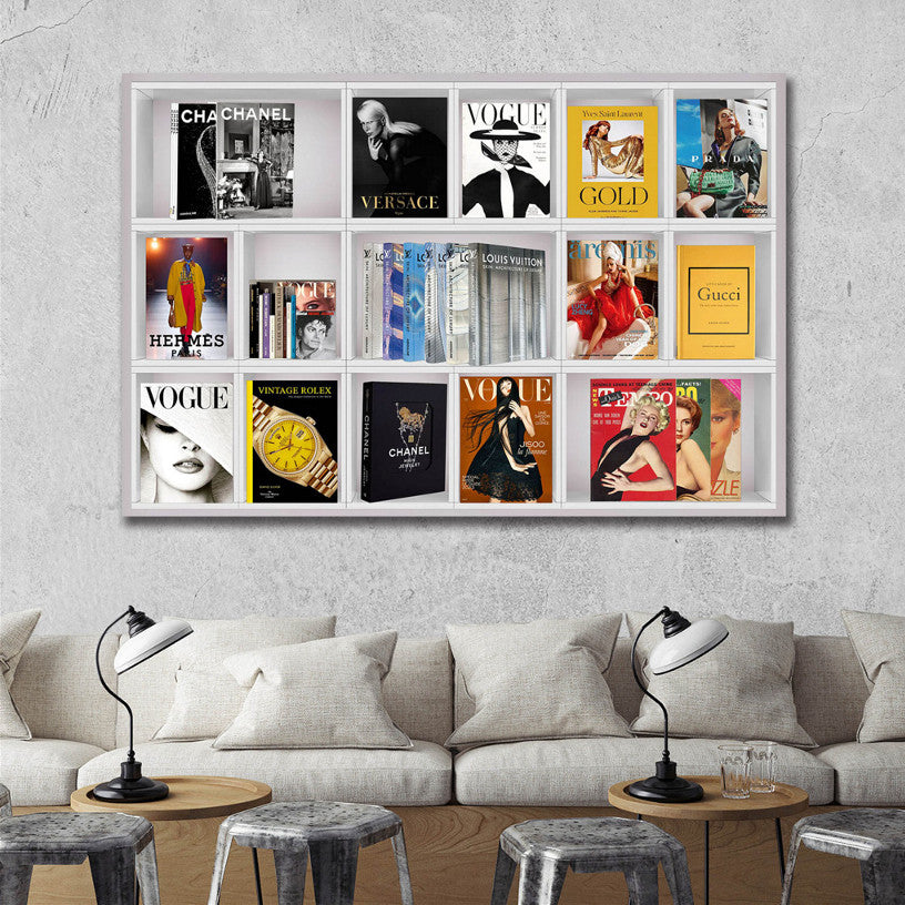 Glasbild «Bücherregal mit Designermarken 1» 120 × 80 cm – 3D-Relief – Ansicht 2