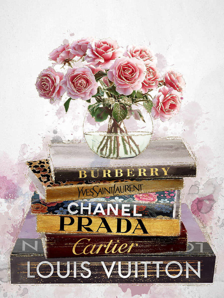 Glasschilderij met goudfolie 60x80cm Roze bloemen op zwarte boeken