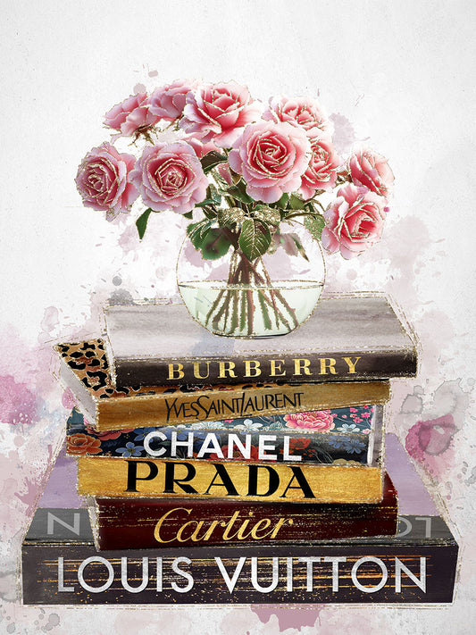 Glasschilderij met goudfolie 60x80cm Roze bloemen op zwarte boeken