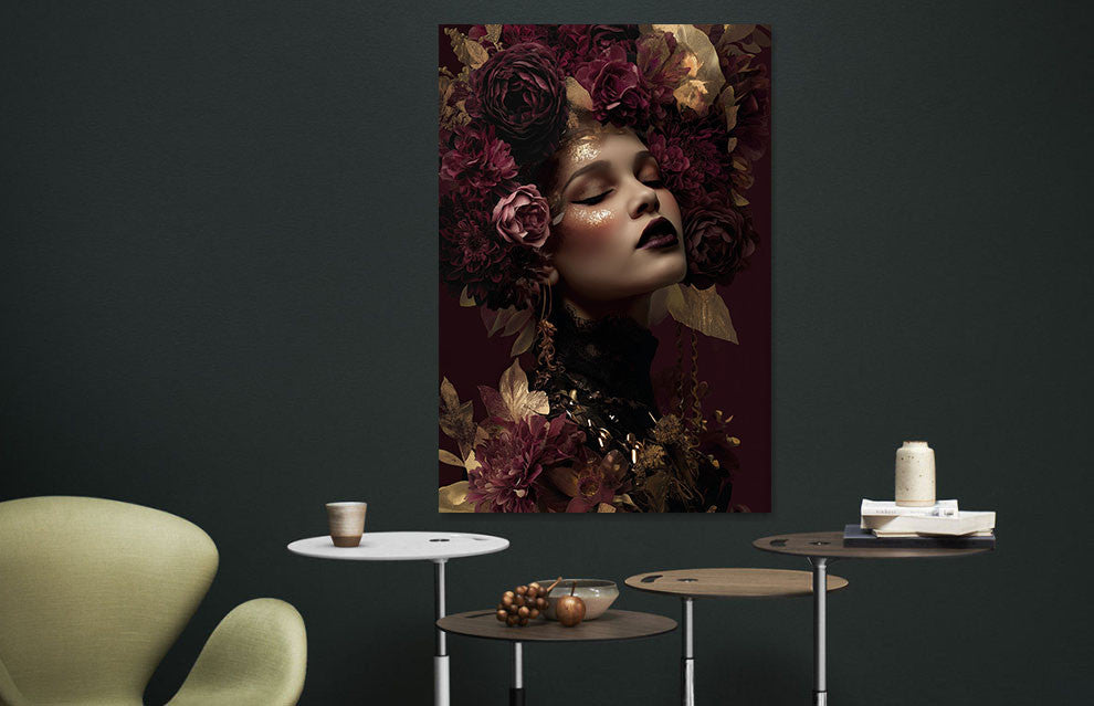 Glasbild «Frau in lila/goldenen Blumen» 110 × 160 cm – Ansicht 2