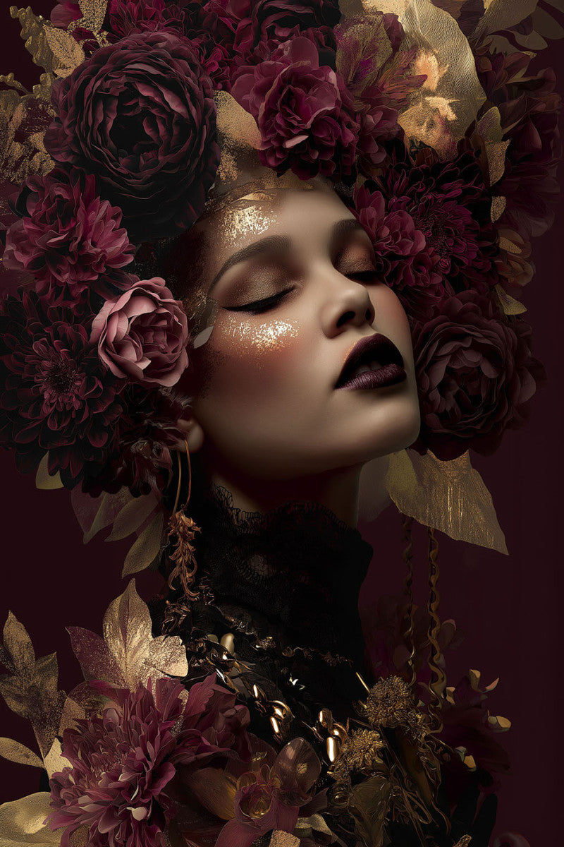 Glasbild «Frau in lila/goldenen Blumen» 110 × 160 cm