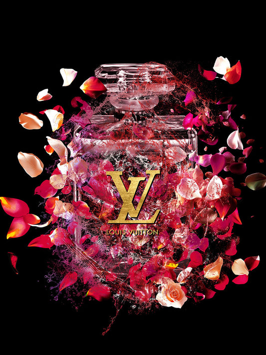 Glasschilderij met goudfolie 60x80cm Doorzichtig flesje met rozen