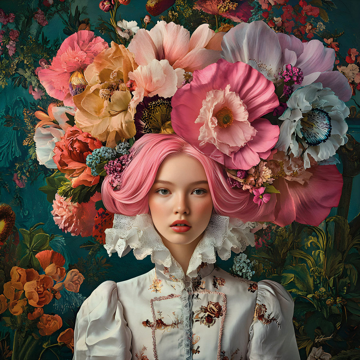 Glasschilderij 80x80cm Vrouw met bloemen midden