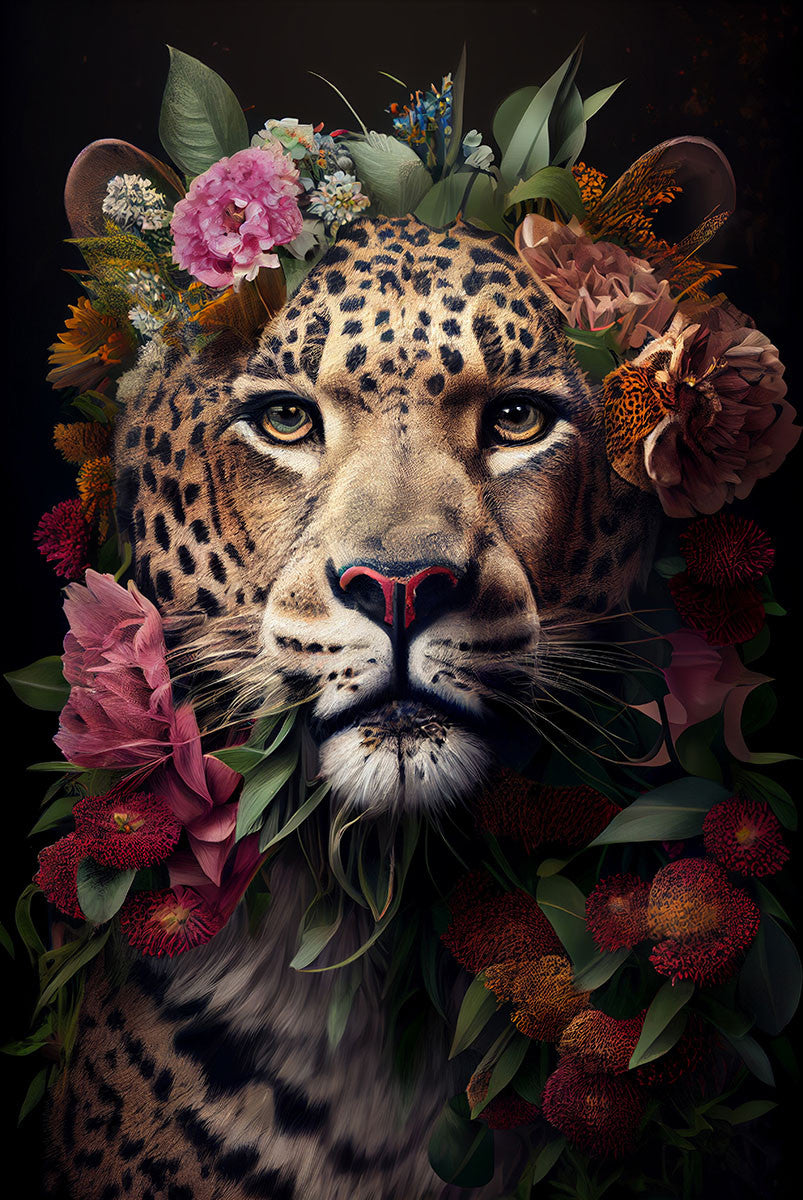 Glasbild «Panther mit Blumen» 80 × 120 cm