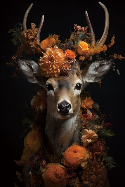 Glasbild «Hirsch mit orangefarbenen Blumen» 80 × 120 cm