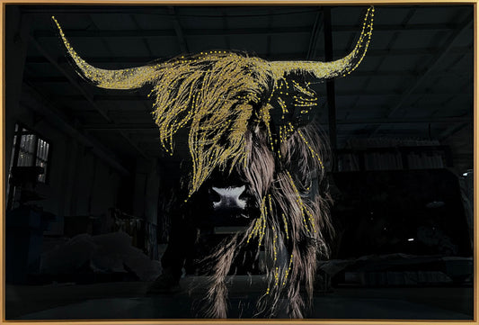 Glasschilderij met kristallen en lijst 120x80cm Gouden hooglander