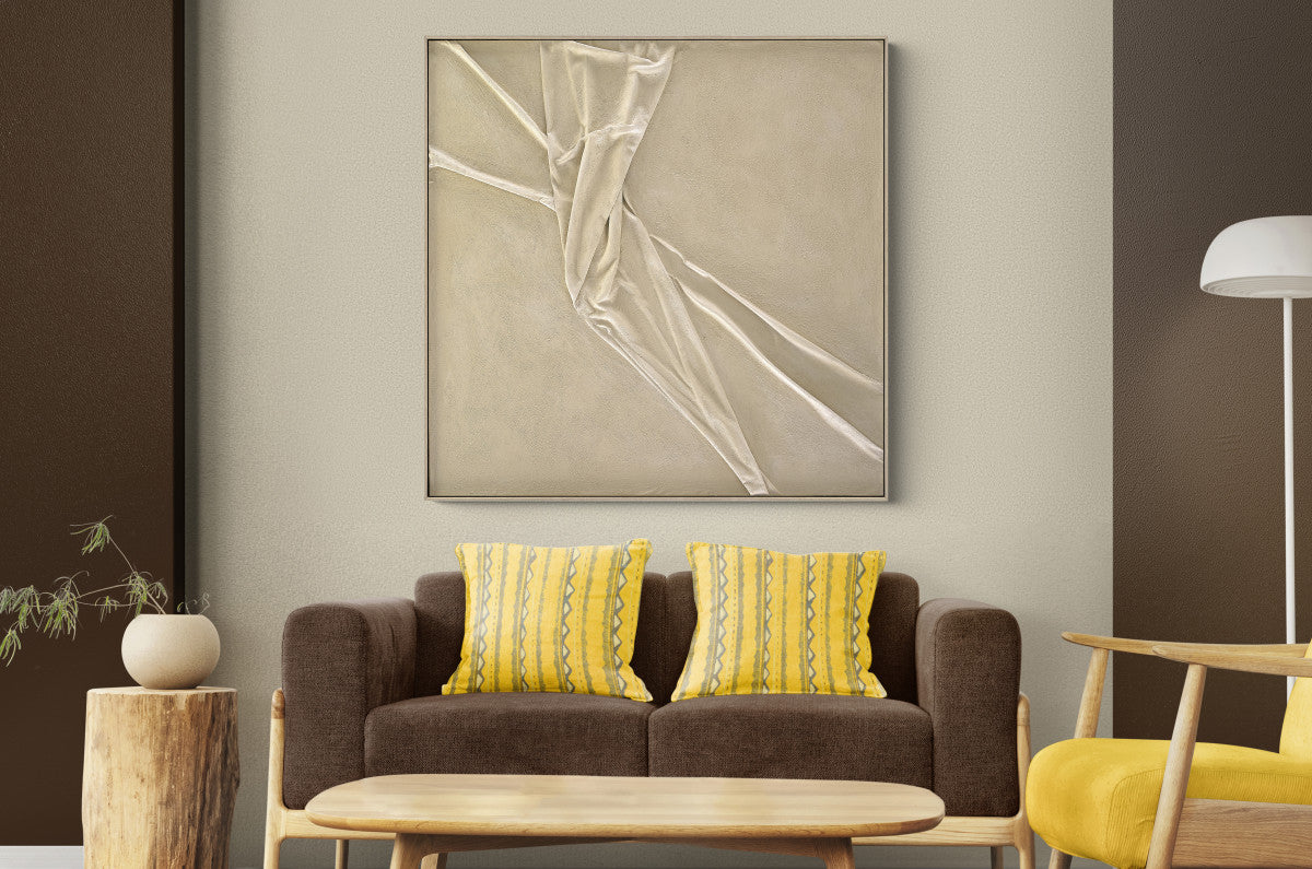 Ölgemälde «Gefaltetes Beige» 120 × 120 cm mit Rahmen, handgemalt