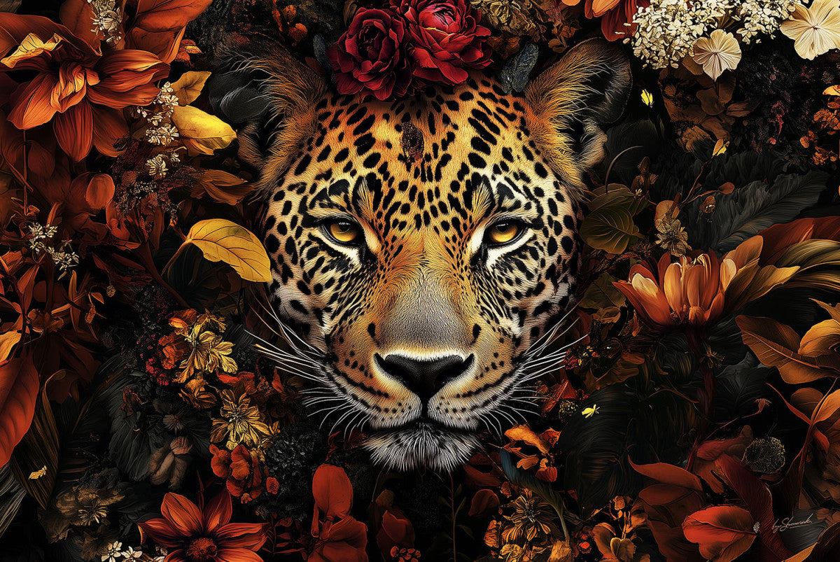 Glasschilderij 120x80cm Panter in rode bloemenzee