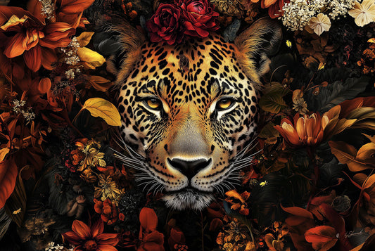 Glasschilderij 120x80cm Panter in rode bloemenzee