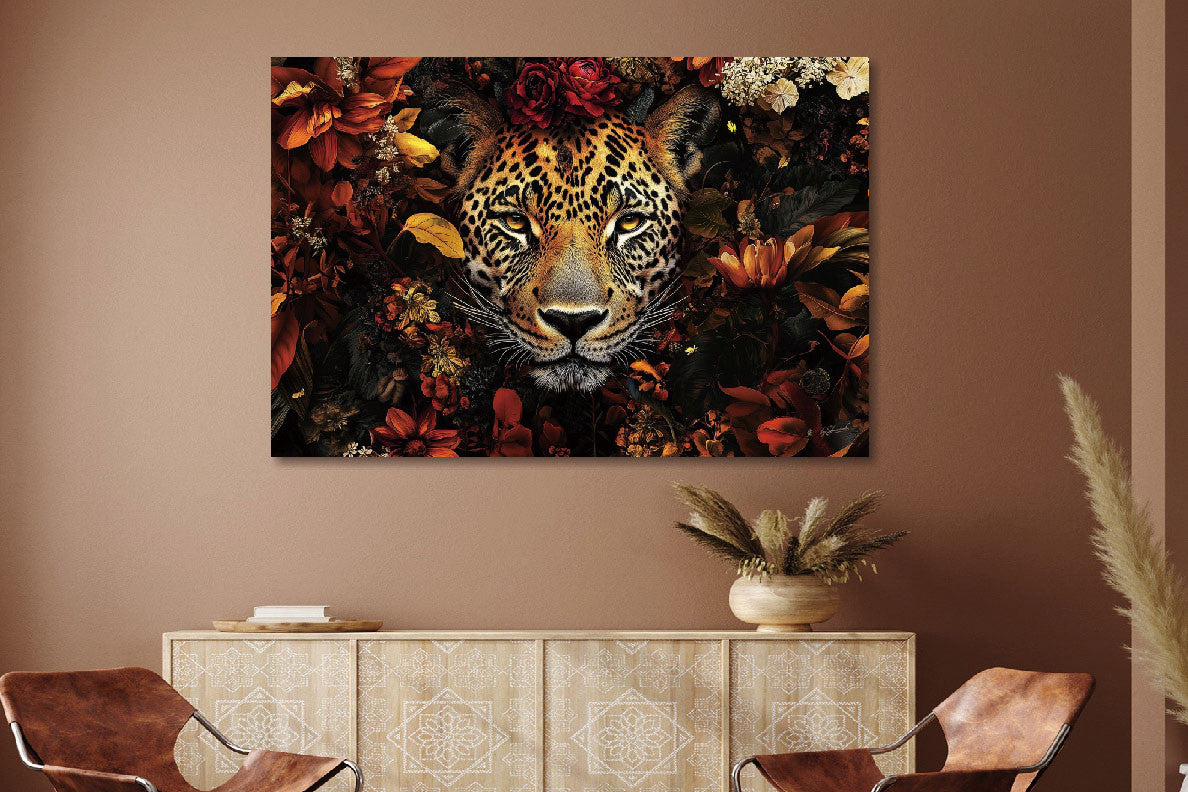 Glasbild «Panther in rotem Blumenmeer» 120 × 80 cm – Ansicht 2