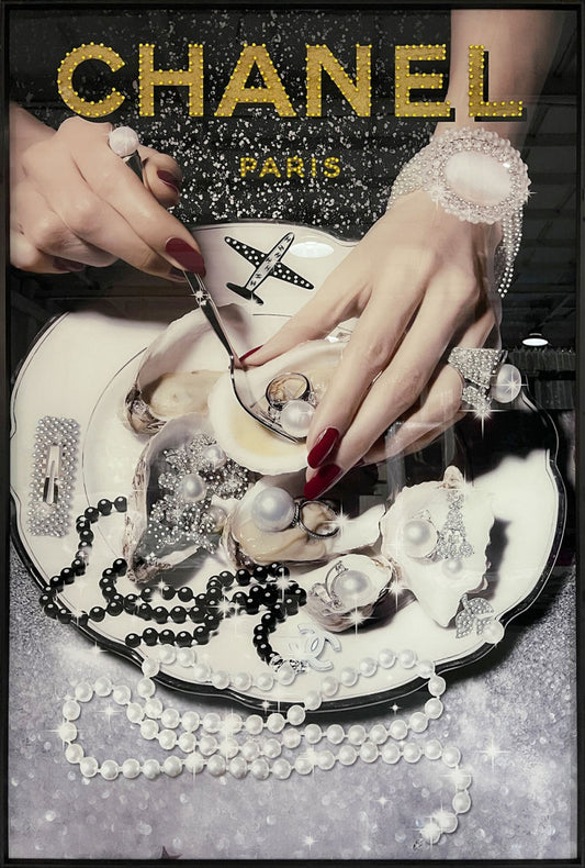 Glasschilderij met kristallen en lijst 80x120cm Parels