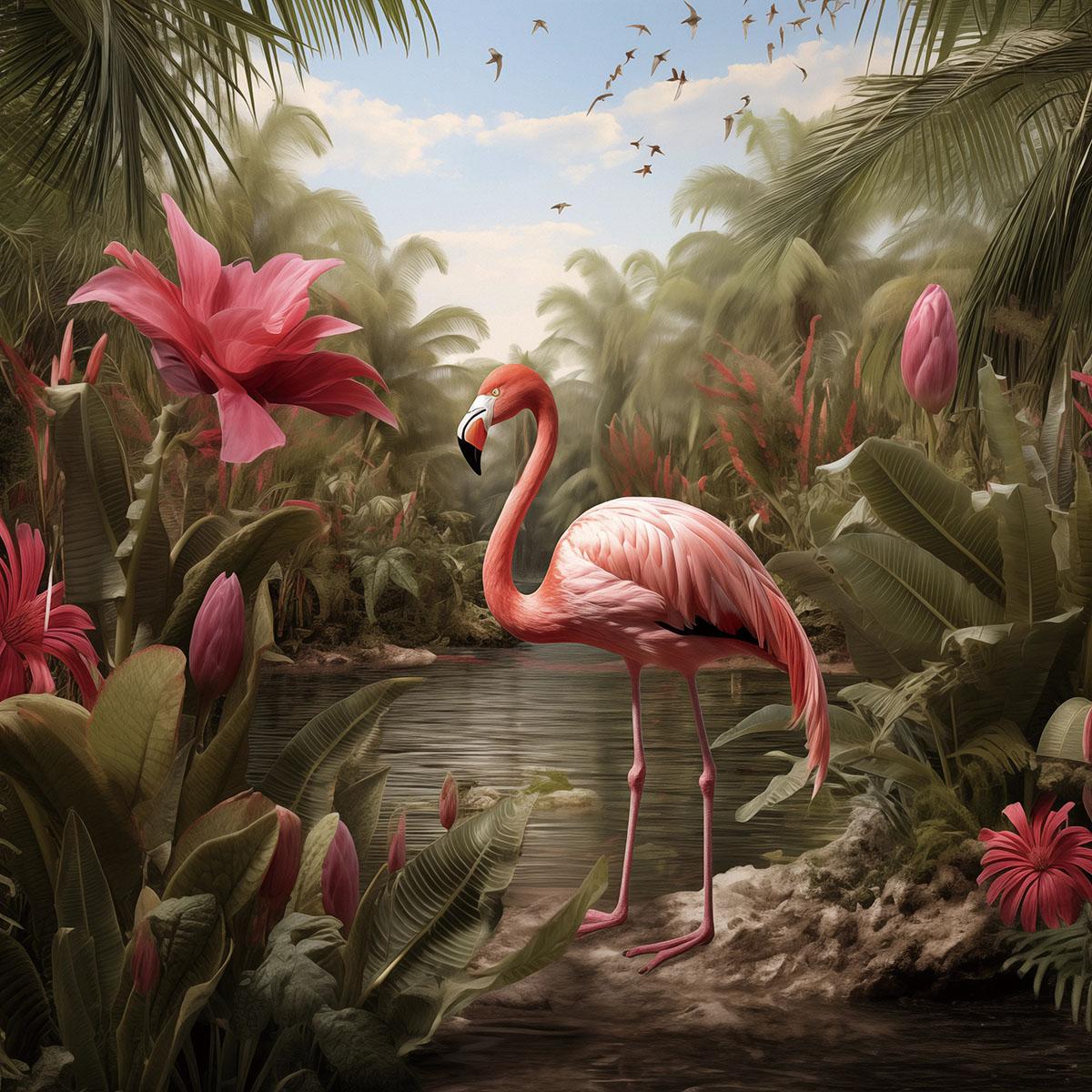 Glasbild 80x80cm Flamingo