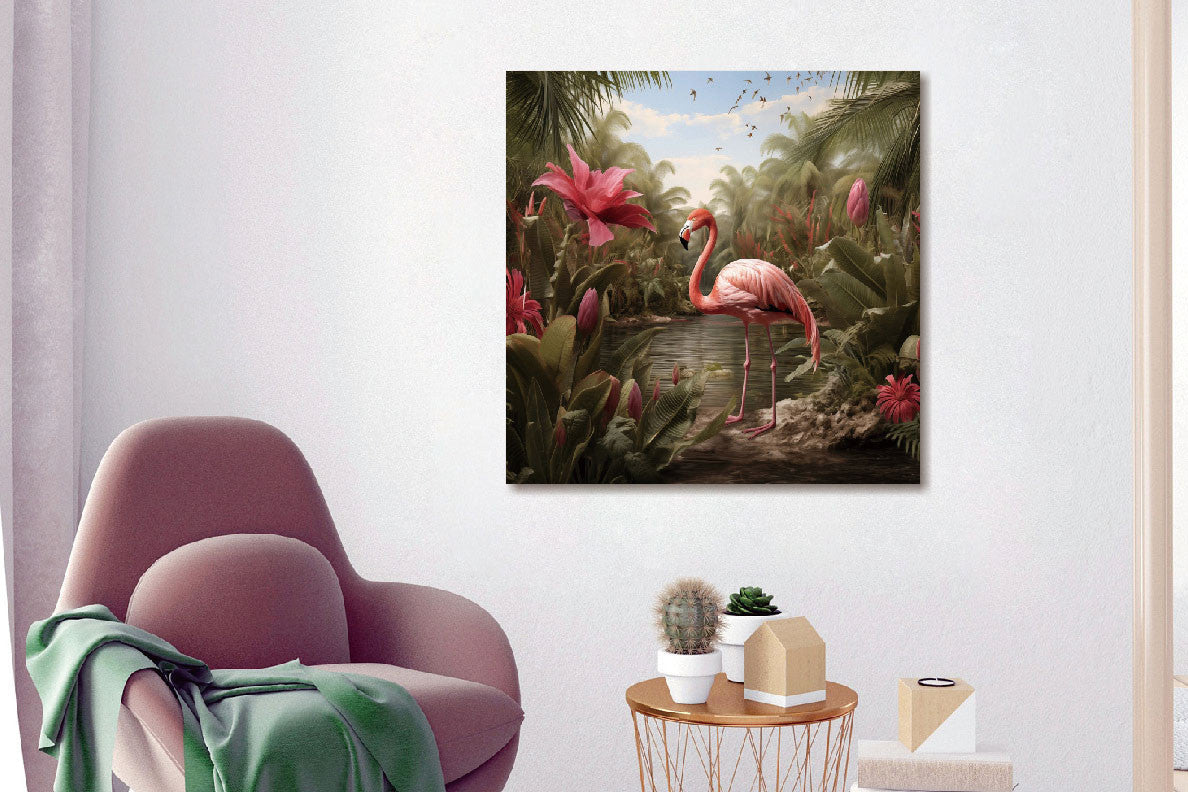 Glasbild 80x80cm Flamingo