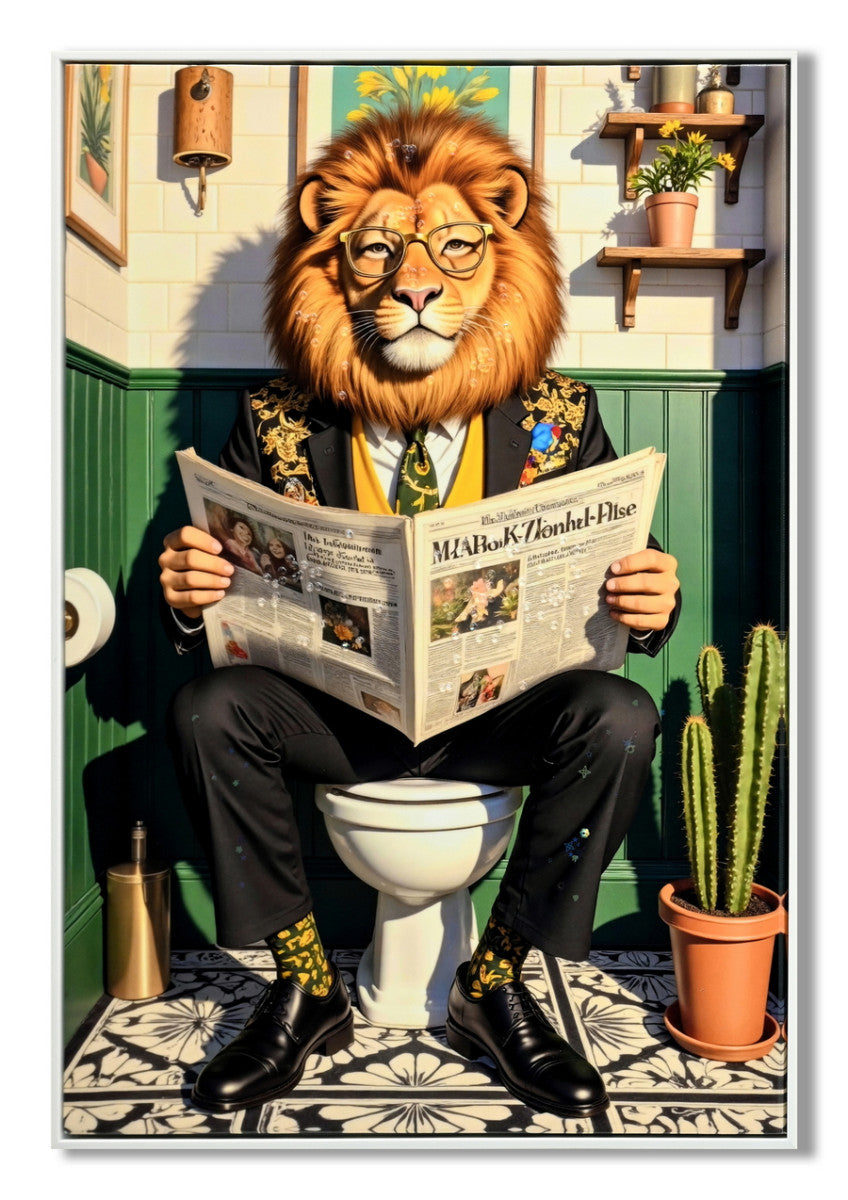 Leinwandbild «Löwe auf der Toilette» mit Rahmen 52 × 72 cm – Hochglanz-Finish