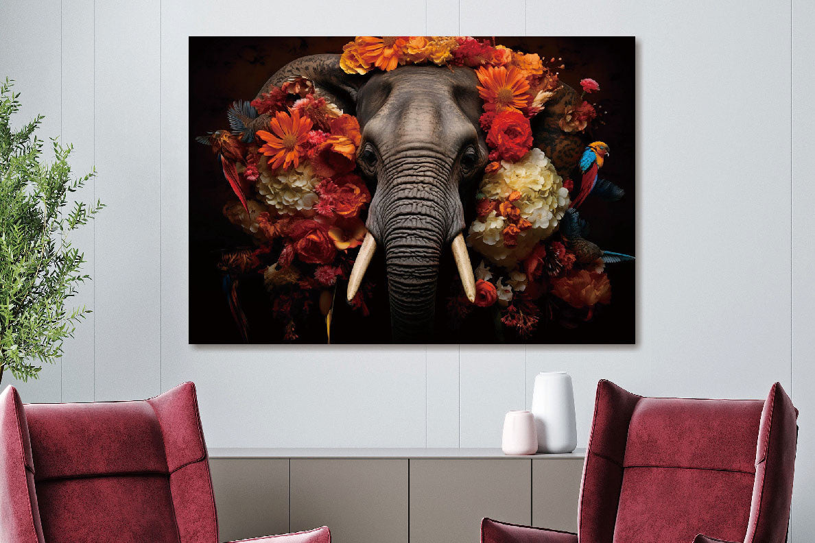 Glasbild 160x110cm Elefant mit Blumen