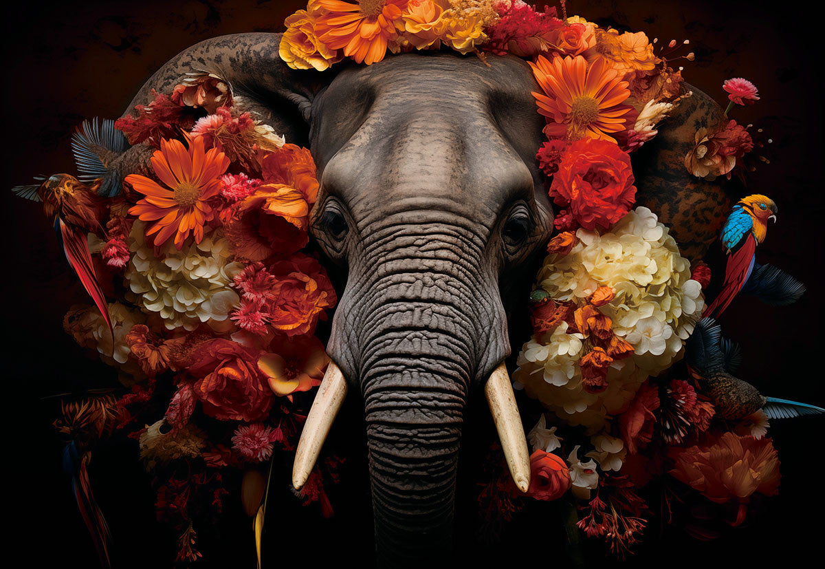 Glasschilderij 160x110cm Olifant met bloemen