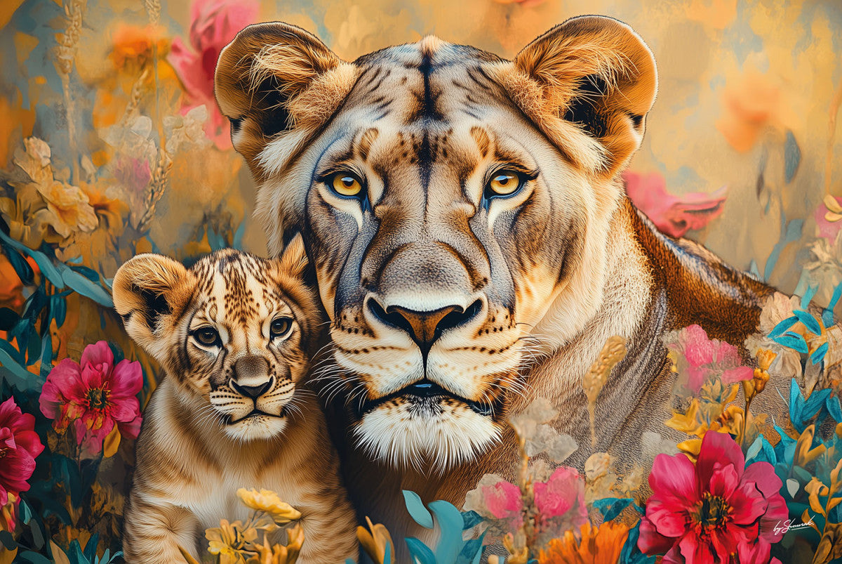 Glasbild «Künstlerische Löwen liegend» 120 × 80 cm