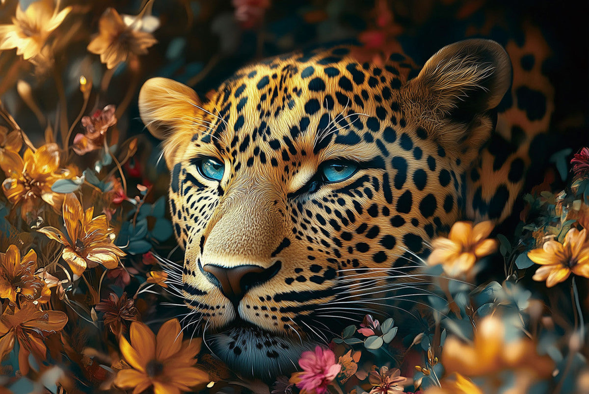 Glasbild «Panther zwischen Blumen» 80 × 120 cm