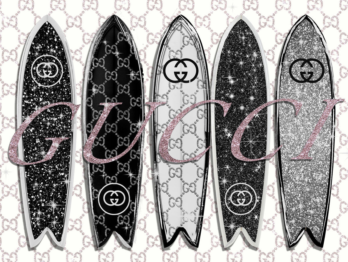 Glasschilderij met goudfolie 80x60cm Fashion surfplanken