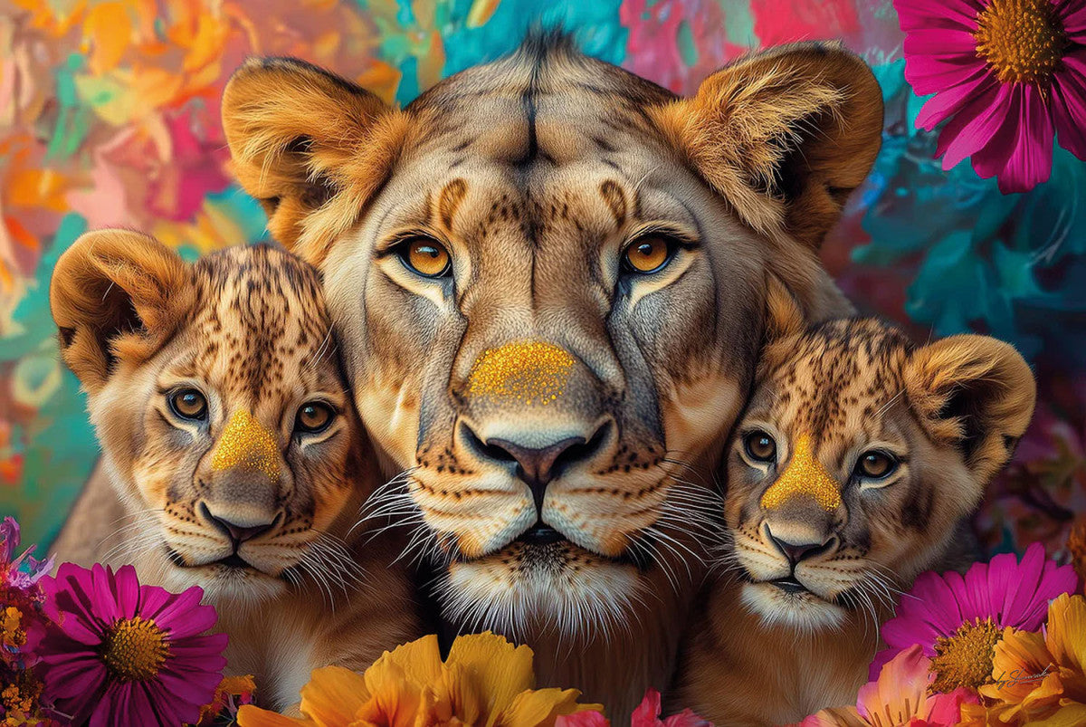 Glasschilderij 120x80cm Artistieke leeuwen tussen de bloemen