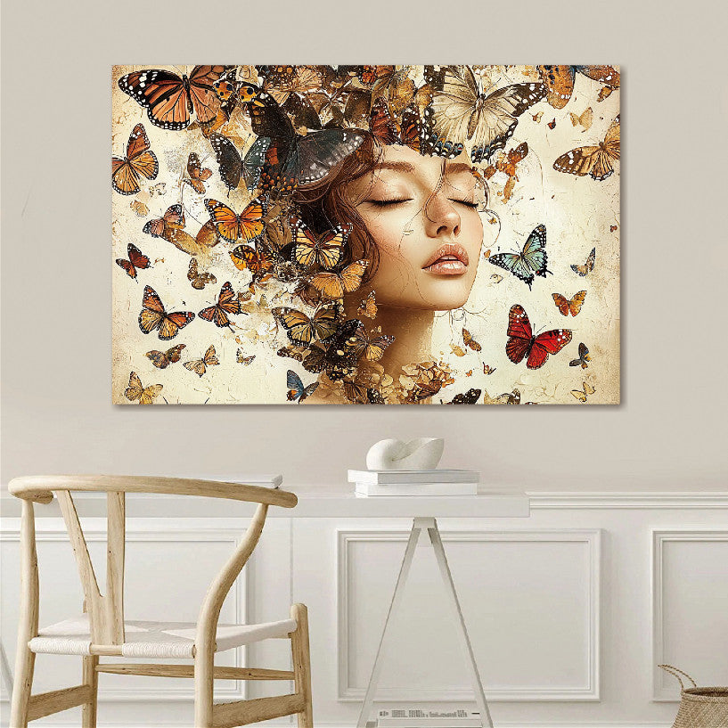 Glasbild «Frau mit orangefarbenen Schmetterlingen» 160 × 110 cm – 3D-Relief – Ansicht 2
