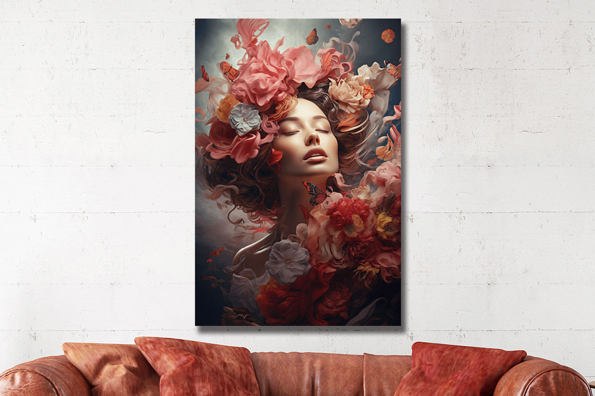 Glasbild «Frau mit roten Blumen» 80 × 120 cm – Ansicht 2