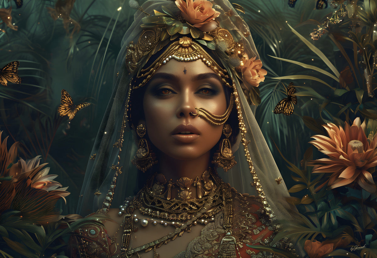 Glasschilderij 160x110cm Goud versierde vrouw