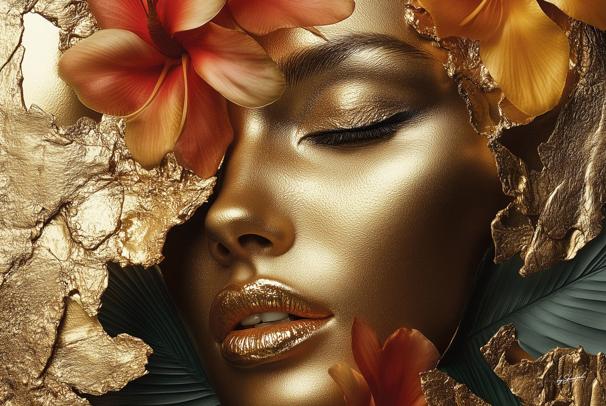 Glasschilderij 120x80cm Gouden vrouw in setting