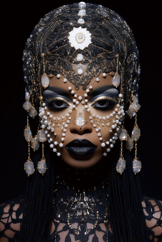 Glasschilderij 80x120cm Vrouw met blauwe/witte sieraden