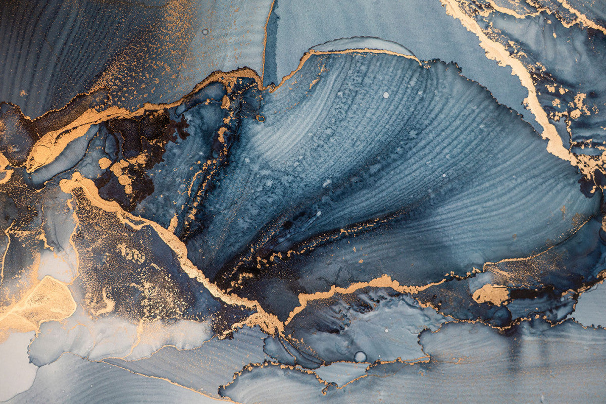 Glasbild «Kunst blau/gold» 160 × 110 cm – 3D-Relief