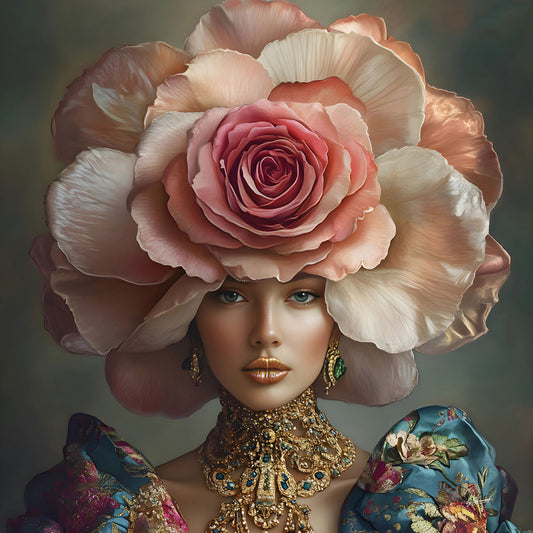 Glasschilderij 80x80cm Vrouw met grote bloem op het hoofd