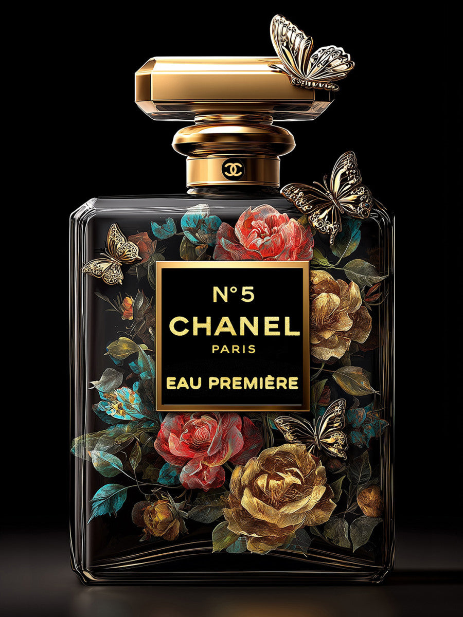 Glasbild «Parfümflasche mit goldenen Rosen» 60 × 80 cm – Goldfolie